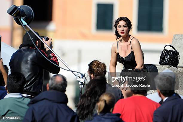 Monica Bellucci and Giampaolo Sgura sighting on the set of a Dolce & Gabbana commercial on October 21, 2011 in Portofino, Italy.