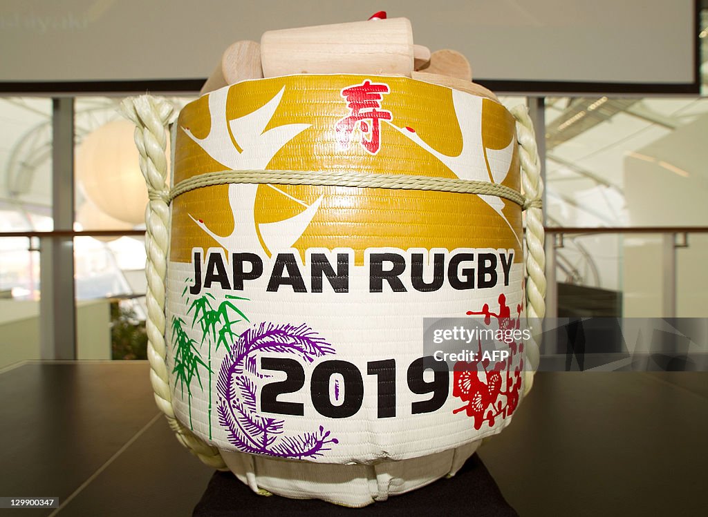 A traditional Japanese sake barrel is pi