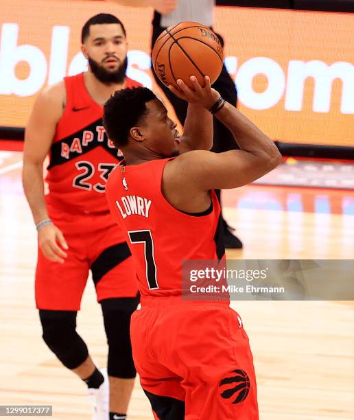 Kyle Lowry of the Toronto Raptors scores his 10,000th NBA point during a game against the Milwaukee Bucks at Amalie Arena on January 27, 2021 in...