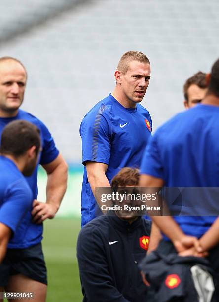 Imanol Harinordoquy of France looks on during the France Captain's Run at Eden Park on October 22, 2011 in Auckland, New Zealand.