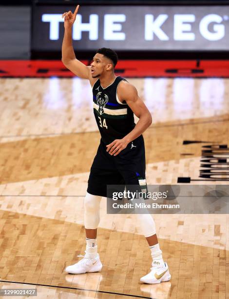 Giannis Antetokounmpo of the Milwaukee Bucks looks on during a game against the Toronto Raptors at Amalie Arena on January 27, 2021 in Tampa,...