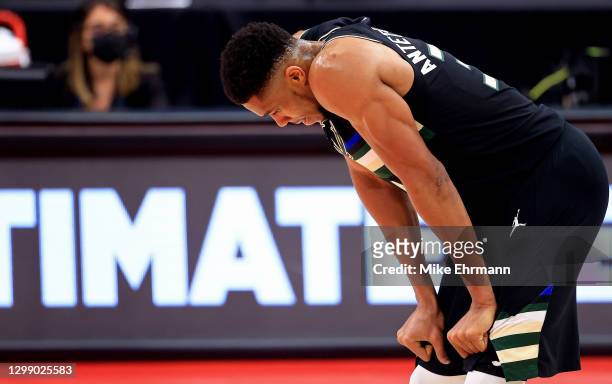 Giannis Antetokounmpo of the Milwaukee Bucks looks on during a game against the Toronto Raptors at Amalie Arena on January 27, 2021 in Tampa,...