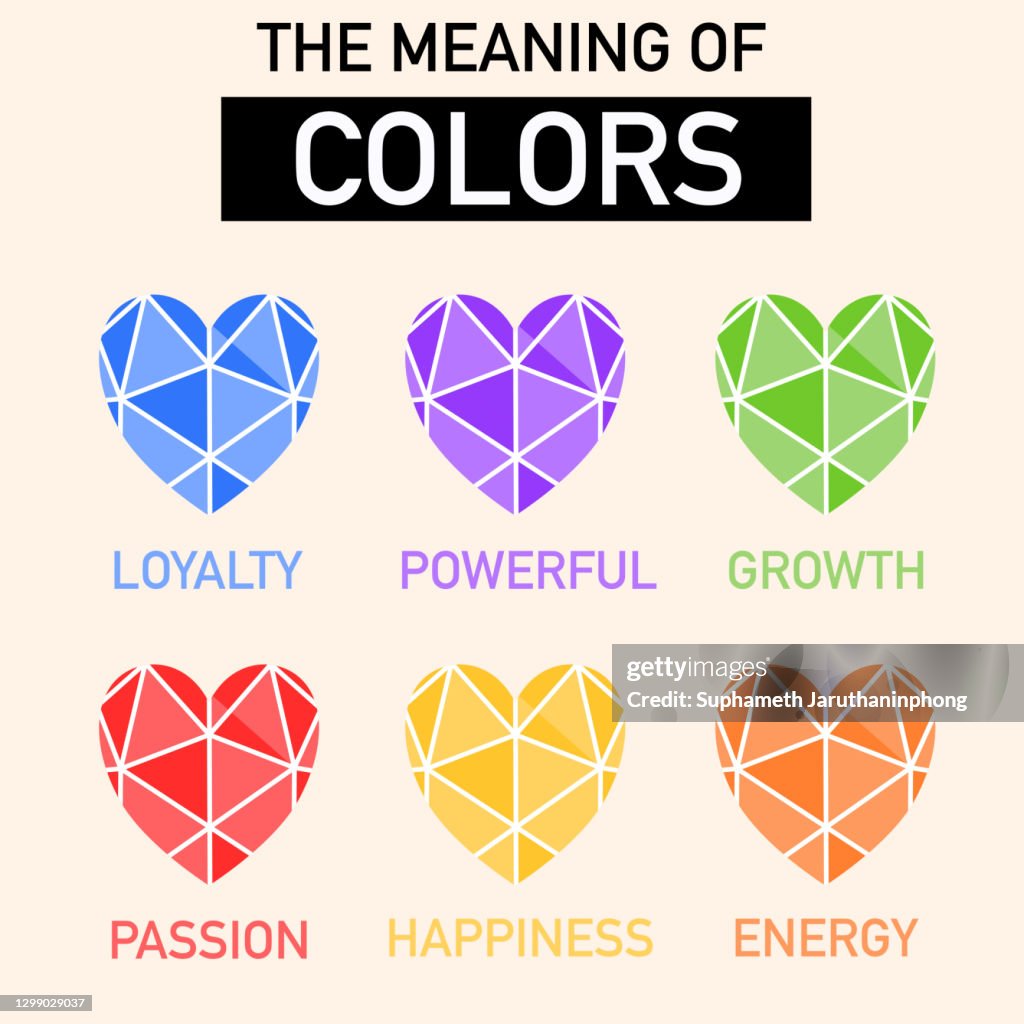 The meaning of colors comprises of different color of hearts that is blue, purple, green, red, yellow and orange.