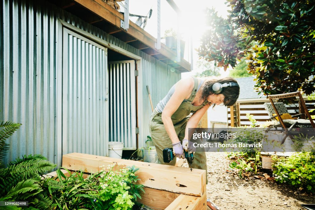 Woman building raised garden beds in backyard on summer afternoon