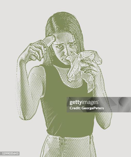 ilustraciones, imágenes clip art, dibujos animados e iconos de stock de mujer tomando su temperatura - woman blowing nose