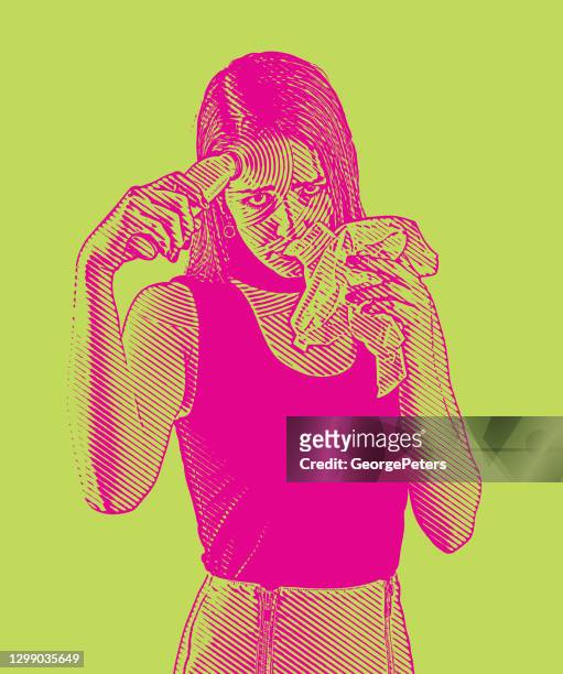 ilustraciones, imágenes clip art, dibujos animados e iconos de stock de mujer tomando su temperatura - woman blowing nose