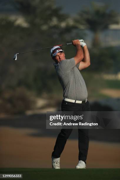 Ryan Fox of New Zealand plays his second shot on the third during Day One of the Omega Dubai Desert Classic at Emirates Golf Club on January 28, 2021...