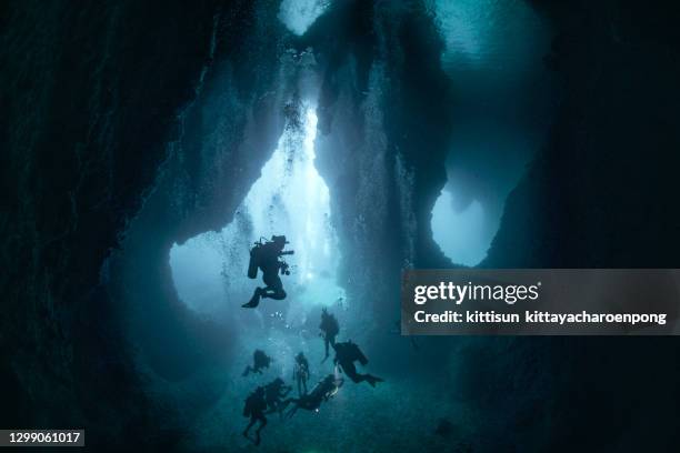 scuba diving in kohha caves - deep sea stockfoto's en -beelden