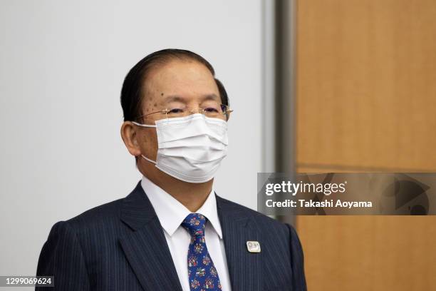 Tokyo Olympic And Paralympic Games Organising Committee CEO Toshiro Muto speaks to media after their video conference with IOC President Thomas Bach...