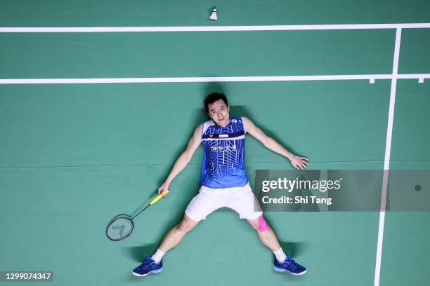 Wang Tzu Wei of Chinese Taipei celebrates the victory in the Men’s Singles round robin match against Kidambi Srikanth of India on day two of the HSBC...