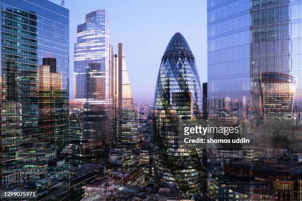 multi layered cityscape of london skyline - elevated view - londra foto e immagini stock