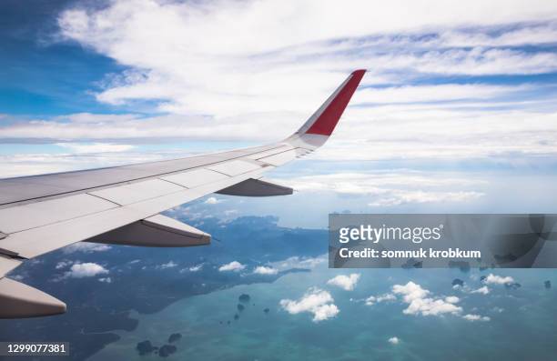 airplane wing over the sea coastline - airplane wing stockfoto's en -beelden