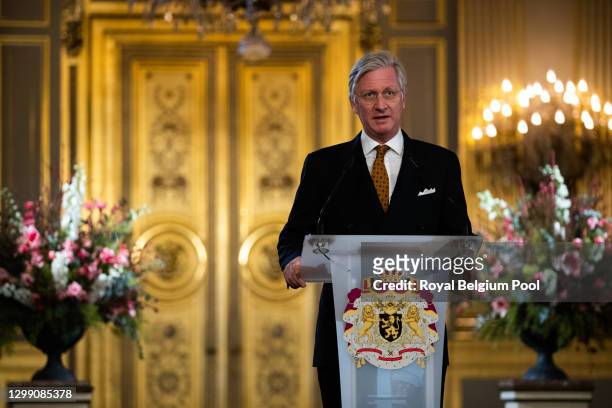 King Philippe of Belgium addresses the Authorities of the Country during a digital New Year's greetings ceremony on January 28, 2021 in Brussels,...