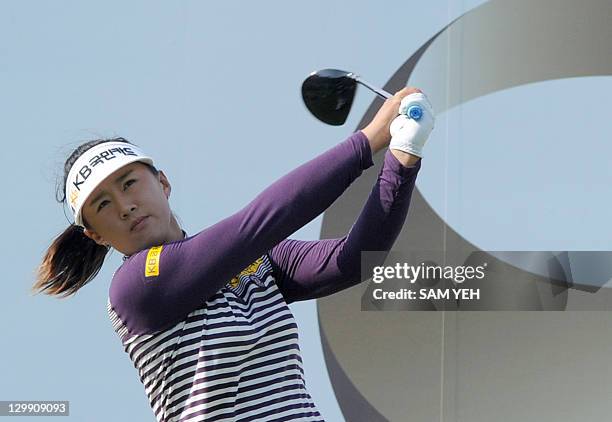 Amy Yang of South Korea tees off on 9th hole during the third round of the Sunrise LPGA Taiwan Championship golf tournament in Yangmei, northern...