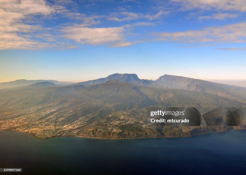 Reunion island seen from the air with the Piton des Neiges mountain, Reunion island, Indian Ocean