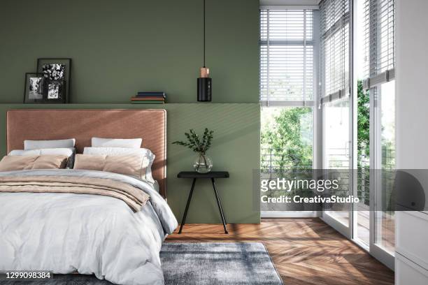 modern bedroom interior - stock photo - bedding stock pictures, royalty-free photos & images