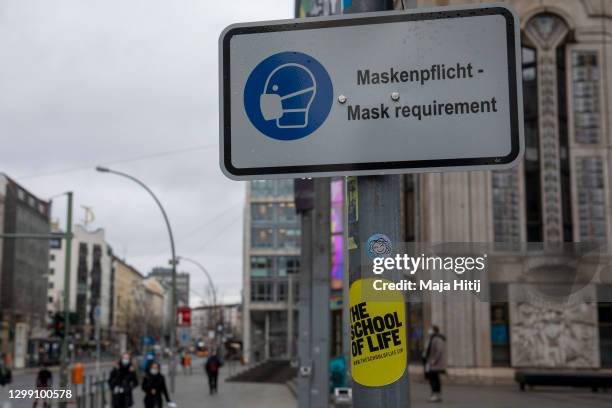 Sign that reads "Mask requirement" stands during the second wave of the coronavirus pandemic on January 28, 2021 in Berlin, Germany. The German...