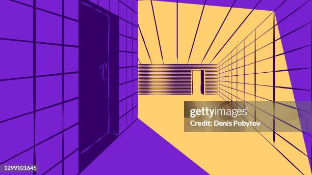 ilustraciones, imágenes clip art, dibujos animados e iconos de stock de ilustración interior geométrica minimalista - corredores y puertas. - corridor