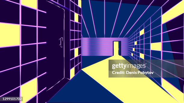 futuristic 3d illustration in perspective - glowing technological interior of the room. - futuristic interior design stock illustrations