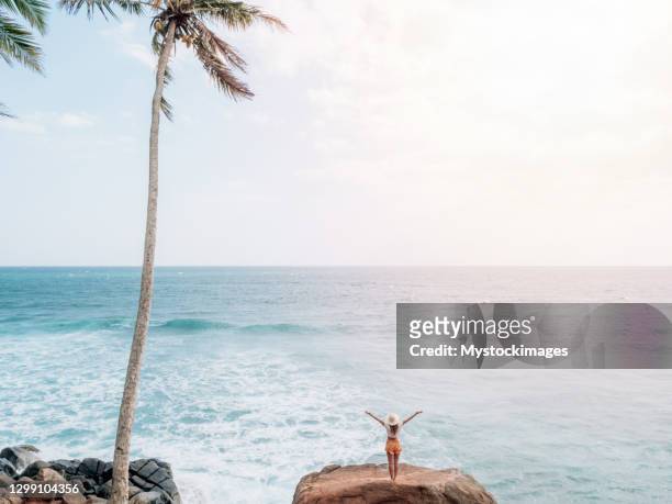 donna su roccia su mare spicca braccia larghe - aura foto e immagini stock