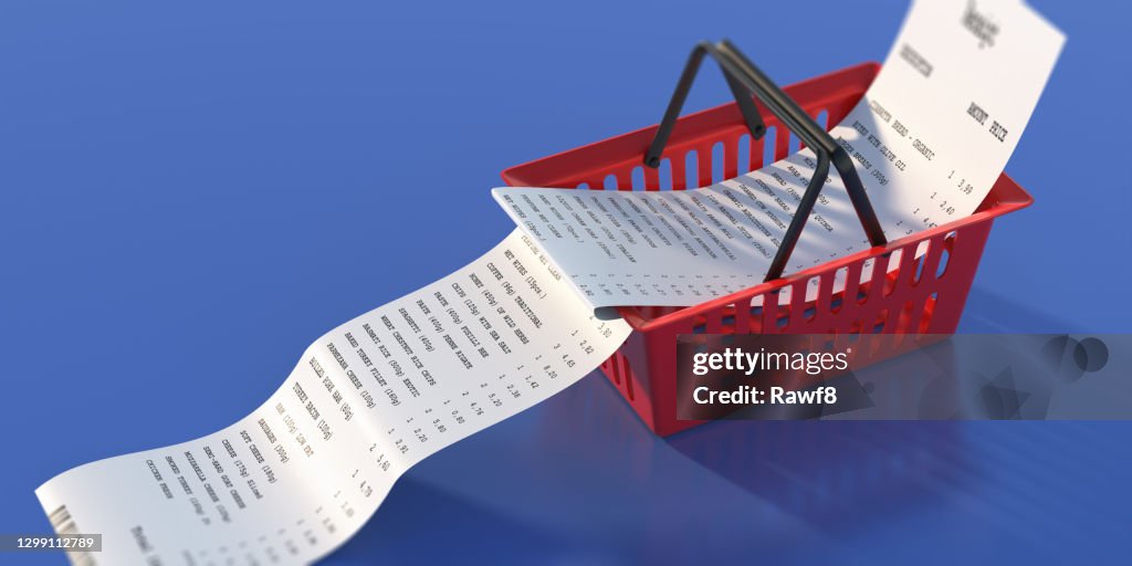 Shopping basket and paper receipt on blue background. 3d illustration