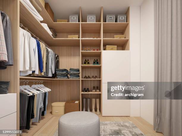 computer generated image of dressing room. architectural visualization. 3d rendering. - closet stock pictures, royalty-free photos & images