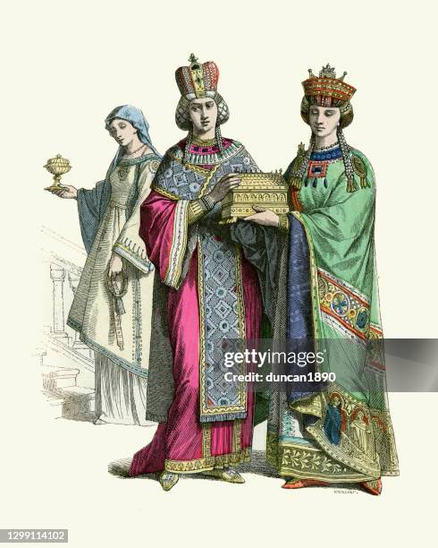 byzantine empress and princess, with servant woman, history of fashion - empress stock illustrations