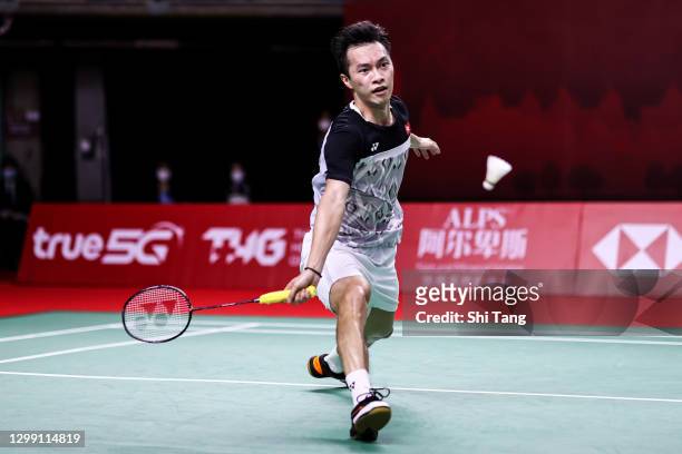 Ng Ka Long Angus of Hong Kong competes in the Men’s Singles round robin match against Anders Antonsen of Denmark on day two of the HSBC BWF World...