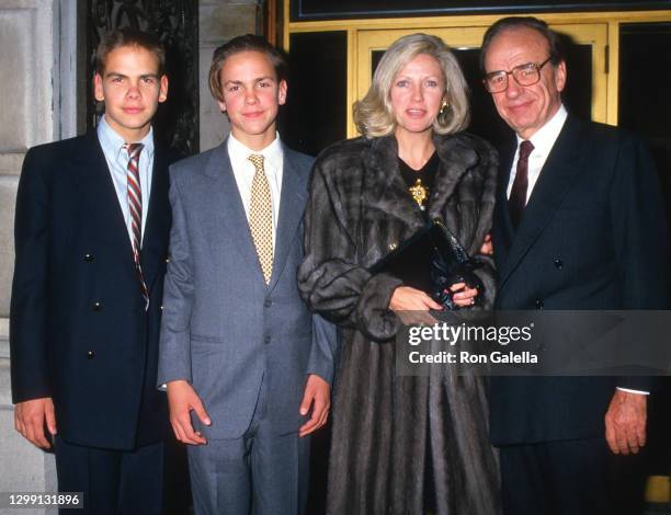 Lachlan Murdoch, James Murdoch, Anna Murdoch and Rupert Murdoch attend 32nd Annual Art and Antique Show at Sotheby's in New York City on December 3,...