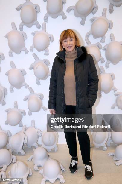 Eve Ruggieri attends the "Tortues de la Paix - Peace Turtles" : Rachid Khimoune Exhibition Preview at "Galerie Italienne" on January 28, 2021 in...