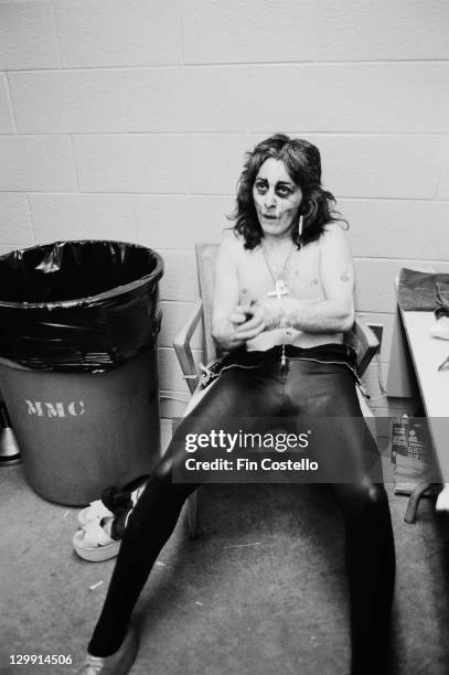 Drummer Peter Criss of American heavy metal group Kiss, backstage at the Cobo Hall, Detroit, Michigan, May 1975.