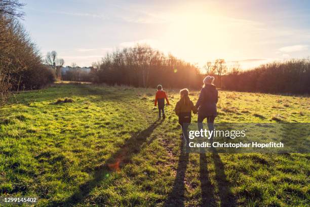 a mother and her two young sons walking in a country park in low winter sunlight - bambini camminano foto e immagini stock