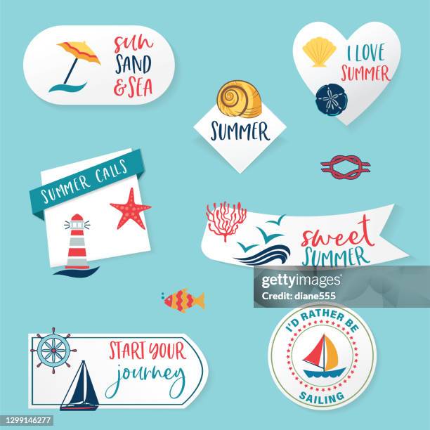 beach banners stickers - lighthouse logo stock illustrations