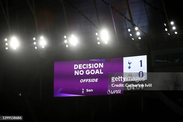 The big screen inside the stadium shows the VAR ruling Son Heung-Min of Tottenham Hotspur 1st goal disallowed for offside during the Premier League...