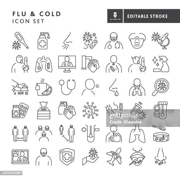 ilustrações de stock, clip art, desenhos animados e ícones de cold and flu virus big thin line icon set - editable stroke - espirrar