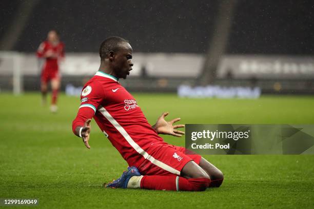 Sadio Mane of Liverpool celebrates after he scores his sides 3rd goal during the Premier League match between Tottenham Hotspur and Liverpool at...