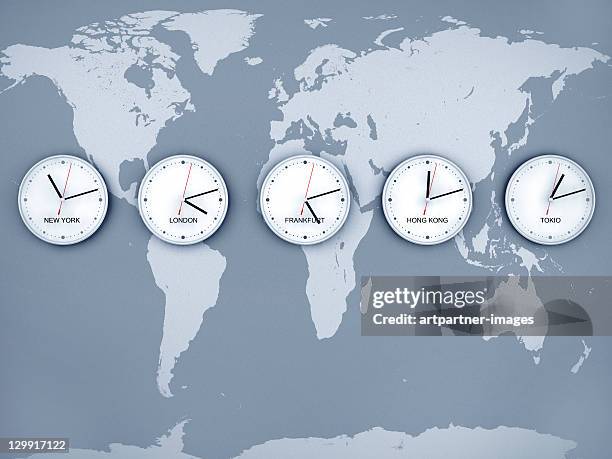 5 wall clocks at stock exchanges - zone stock pictures, royalty-free photos & images