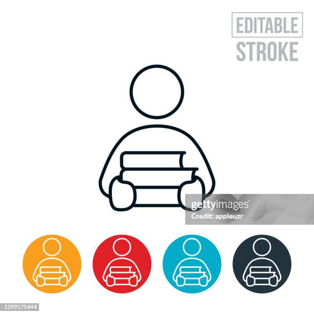 student holding textbooks thin line icon - editable stroke - books stack stock illustrations