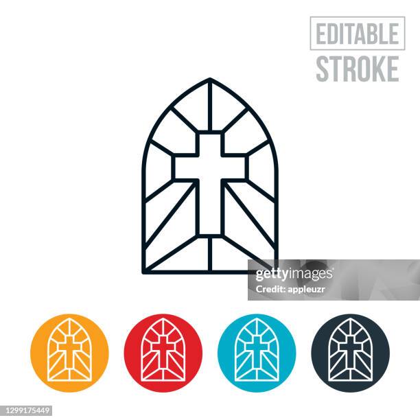 ilustraciones, imágenes clip art, dibujos animados e iconos de stock de ventana de vidrio manchado con cruce de línea fina icono - trazo editable - cruz objeto religioso