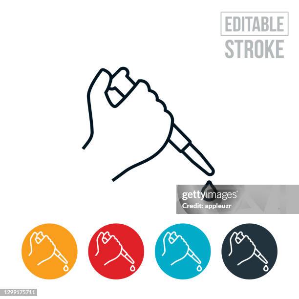 stockillustraties, clipart, cartoons en iconen met pictogram hand holding pipette thin line - bewerkbare lijn - pipette