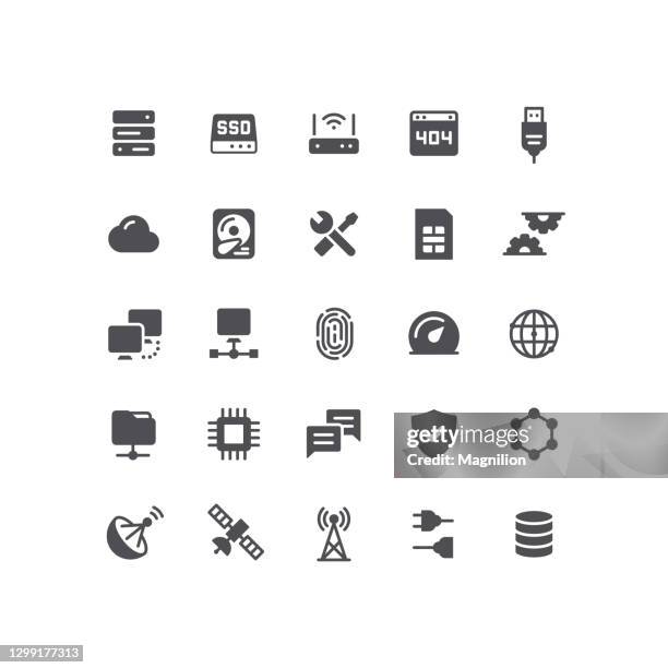 network and technology flat icons set - network connection plug socket stock illustrations