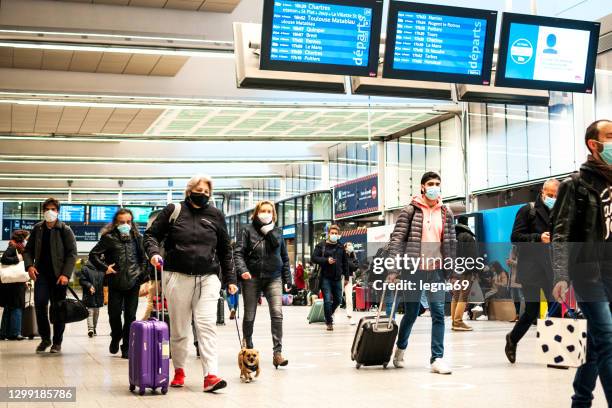 travelers in a train station during pandemic covid 19 - dog mask stock pictures, royalty-free photos & images