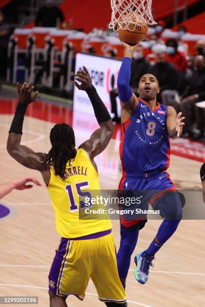 Wayne Ellington of the Detroit Pistons drives to the basket against Montrezl Harrell of the Los Angeles Lakers during the second half at Little...