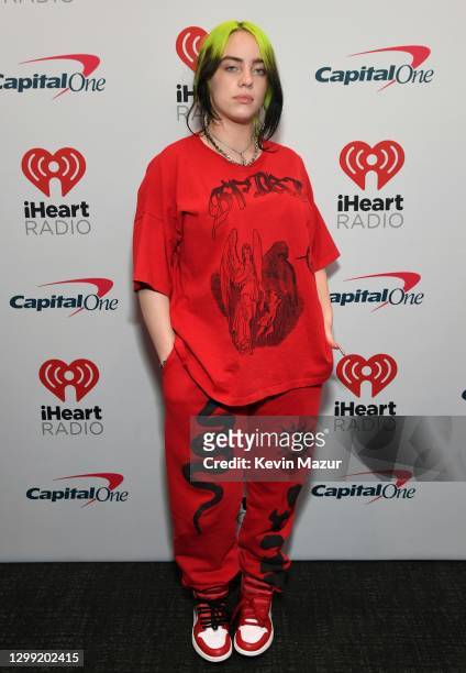 In this image released on January 28, Billie Eilish attends the 2021 iHeartRadio ALTer EGO Presented by Capital One stream on LiveXLive.com and...