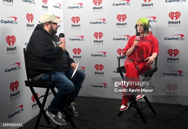 In this image released on January 28, Billie Eilish speaks during an interview backstage during the 2021 iHeartRadio ALTer EGO Presented by Capital...