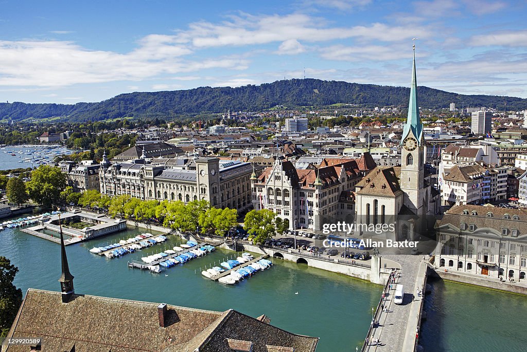 Skyline of Zurich and Limmat River