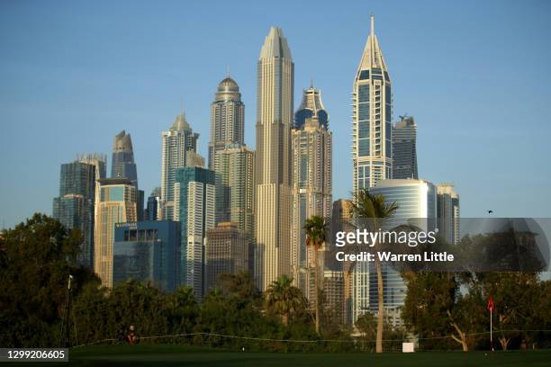 General view of the 12th green as the Dubai skyline is seen in background during Day Two of the Omega Dubai Desert Classic at Emirates Golf Club on...