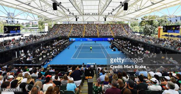 General view of match between Serena Williams of the USA and Naomi Osaka of Japan during the 'A Day at the Drive' exhibition tournament at Memorial...