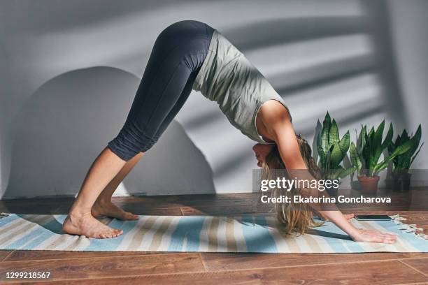 a girl does yoga - downward facing dog position stock pictures, royalty-free photos & images