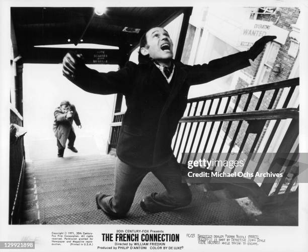 Marcel Bozzuffi on stairs in a scene from the film 'The French Connection', 1971.